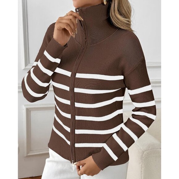 Bsubseach Womens Striped Brown Cropped Cardigan Lightweight Fall Zip Up Sweater - Picture 2 of 6